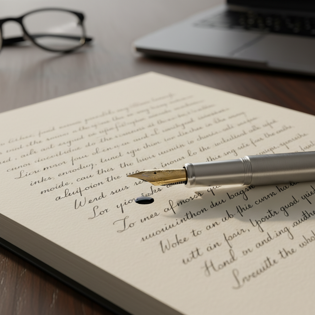 A close-up, photographic realism view of an elegant fountain pen with a brushed metal body and intricate nib, resting on an open page of cream paper filled with half-finished prose. Tiny ink pools shimmer where a sentence pauses mid-thought. The notebook lies on a subtly textured dark wood table, with the blurred edge of a slim laptop and a folded pair of minimalist black glasses in the background. Soft morning light streams in from the left, scattering across the paper fibers and casting delicate shadows from the pen. The composition uses a shallow depth of field and tight framing, focusing on the words and nib, conveying the intimacy and sophistication of a writer in the middle of crafting a story.