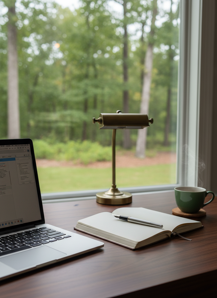 A meticulously arranged writing desk in a quiet home study, featuring a slim, silver laptop partially open beside a heavy, linen-bound journal with creamy pages and an elegant fountain pen resting diagonally across it. A delicate porcelain teacup of deep moss green sits on a cork coaster, faint steam curling upward. Beyond the desk, a large window reveals a softly out-of-focus Hampton Roads wooded landscape, lush with humidity-drenched greenery. Late afternoon overcast light diffuses through the glass, creating gentle reflections on the laptop’s metallic surface and subtle shadows along the grain of the dark walnut desk. Photographic realism, eye-level composition with a shallow depth of field, sophisticated and calm, emphasizing quiet concentration and the reflective mood of a writer’s blog.