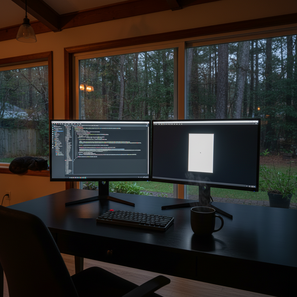 A serene nighttime home office scene with dual high-resolution monitors displaying clean code on one screen and a minimalist writing interface on the other, both emitting a cool, gentle glow. The monitors rest on a sleek black desk accompanied by a low-profile mechanical keyboard and a matte ceramic mug of herbal tea. Beyond the monitors, a large sliding glass door reveals a dark, tree-filled backyard faintly illuminated by distant streetlights and reflected moonlight on damp leaves. A cat-shaped shadow is visible on a windowsill, out of focus. Warm, dim overhead lighting contrasts the cool monitor light, creating a sophisticated, cinematic atmosphere. Shot at eye-level with moderate depth of field, the composition highlights the dual identity of web developer and writer in a quiet Hampton Roads night.