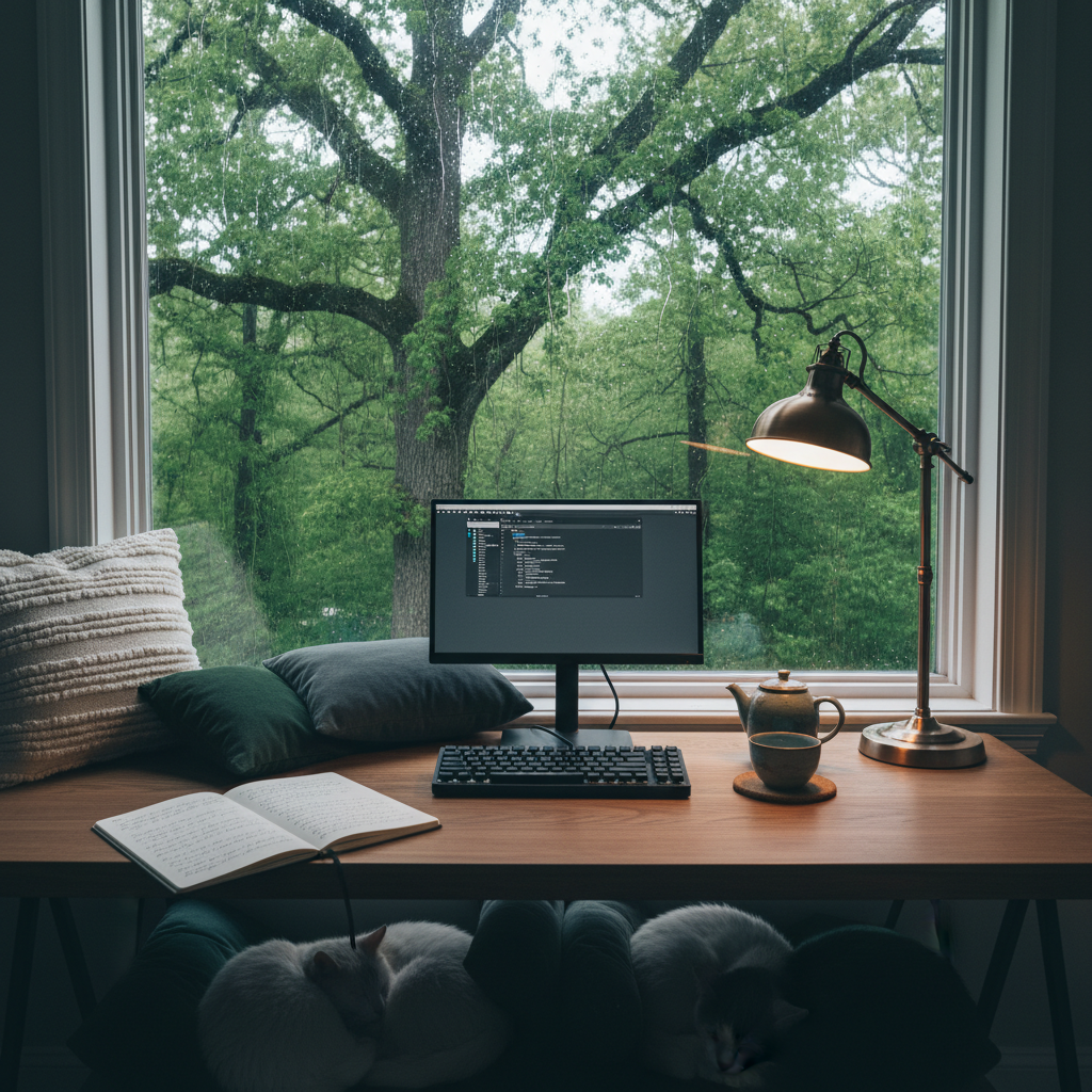 A cozy writing nook centered around a broad window framed by white trim, looking out on dense, rain-speckled Virginia woodland with towering oaks and saturated green leaves. Inside, a mid-tone wooden table supports an open notebook filled with neat, flowing handwriting and a black mechanical keyboard connected to a compact monitor showing a clean, minimal text editor. A small ceramic teapot and matching cup sit nearby, surrounded by sleeping cats’ silhouettes curled on plush cushions, blurred into soft shapes. Cool, diffused daylight from the rainy sky and a single warm desk lamp create a balanced, photographic realism look with gentle contrast. Shot from a slightly elevated angle using the rule of thirds, the overall atmosphere is contemplative, sophisticated, and inviting for long-form writing.